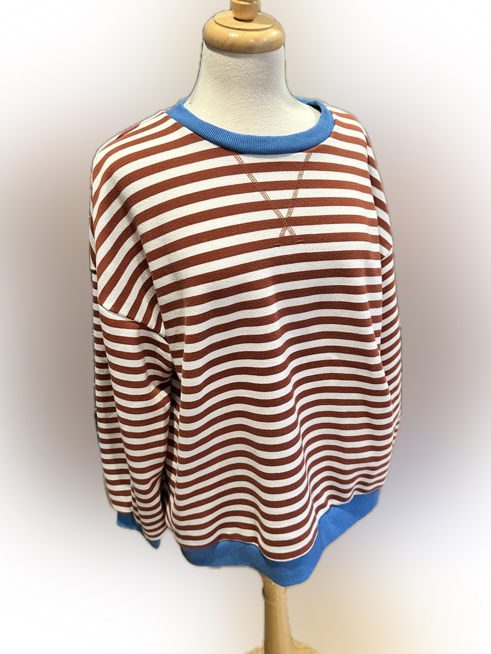 UEU Rust and Cream Striped Oversized Sweatshirt with Blue Trim